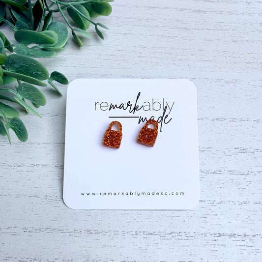 Orange Glitter Padlock Acrylic Earrings