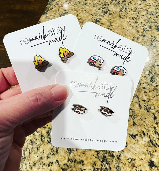 Camping Wood Stud Earring Set