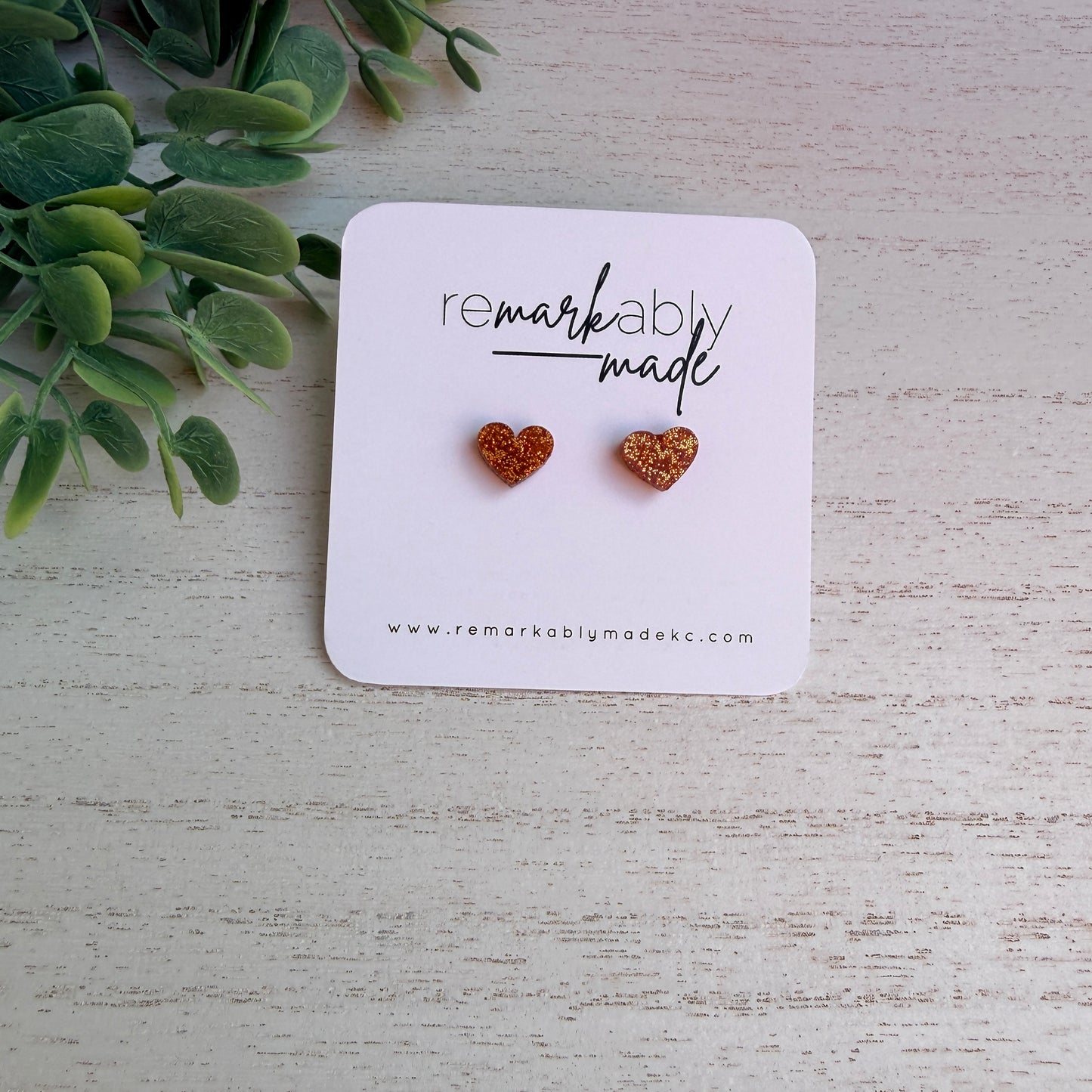 Orange Glitter Heart Stud Earrings
