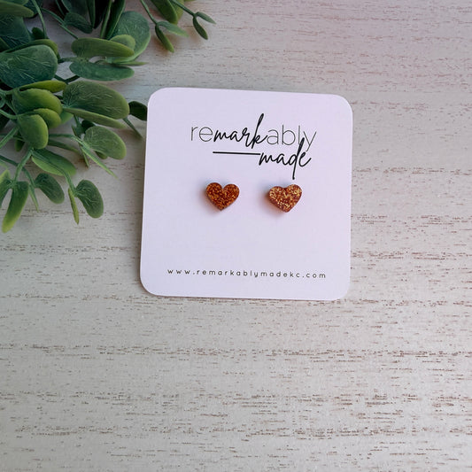 Orange Glitter Heart Stud Earrings