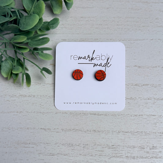 Wood Basketball Stud Earrings